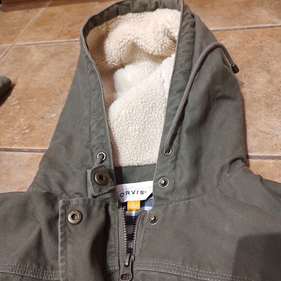 Vintage Orvis Jacket Men's L Green Snap Button Fleece Hooded Fishing Cargo - Picture 3 of 8